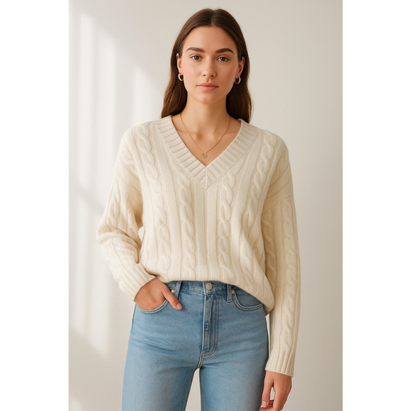 Sunday Best Cable Knit Wool Blend Sweater Ivory V-Neck Pullover SzS SoftNeutral - Picture 1 of 10